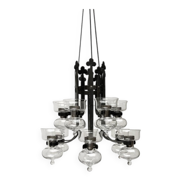 Swedish mid-century chandelier in wrought iron and glass by Bertil Vallien and Axel Strömberg for Kosta Boda and Bolin Smide, 1960s.