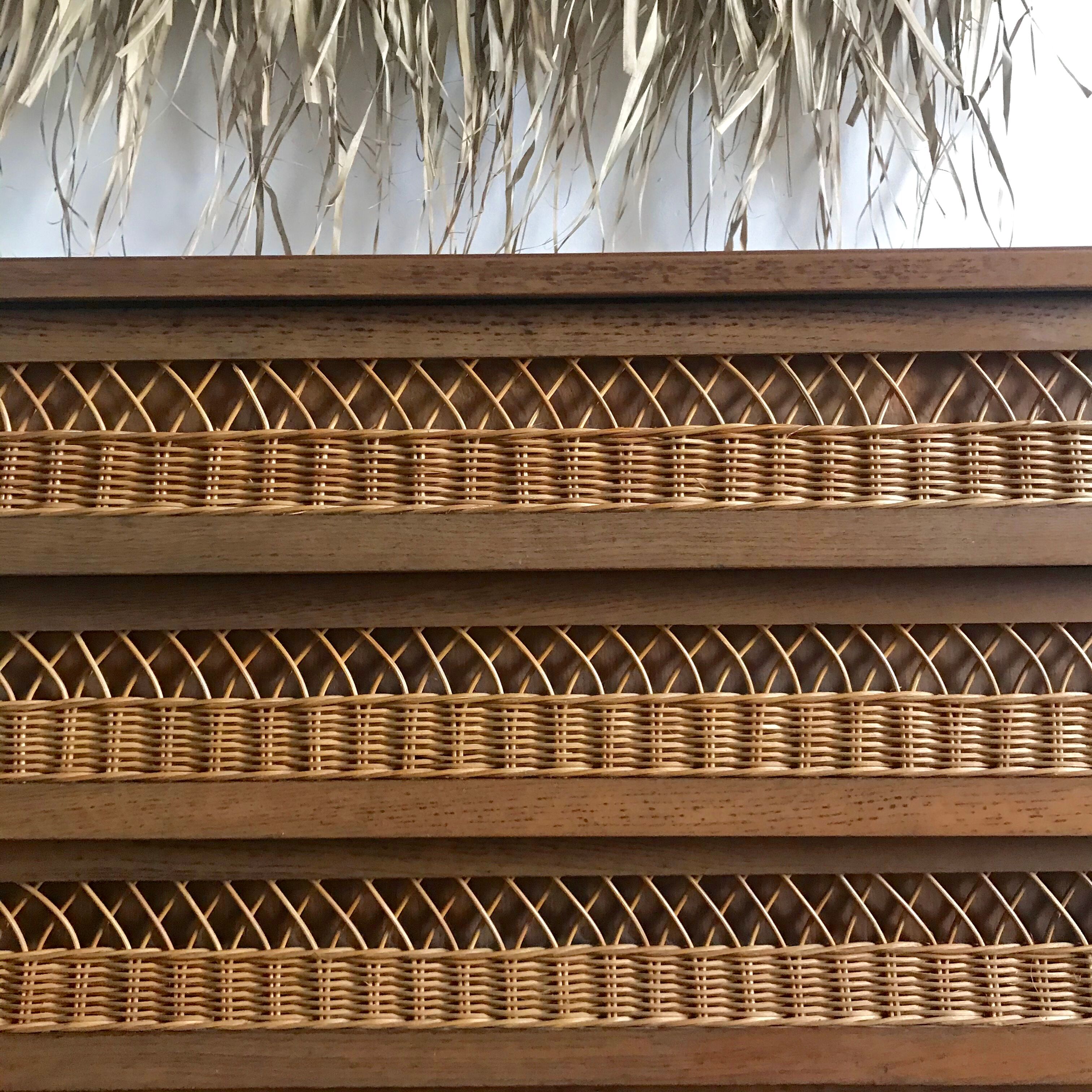 Vintage wood and rattan chest of drawers