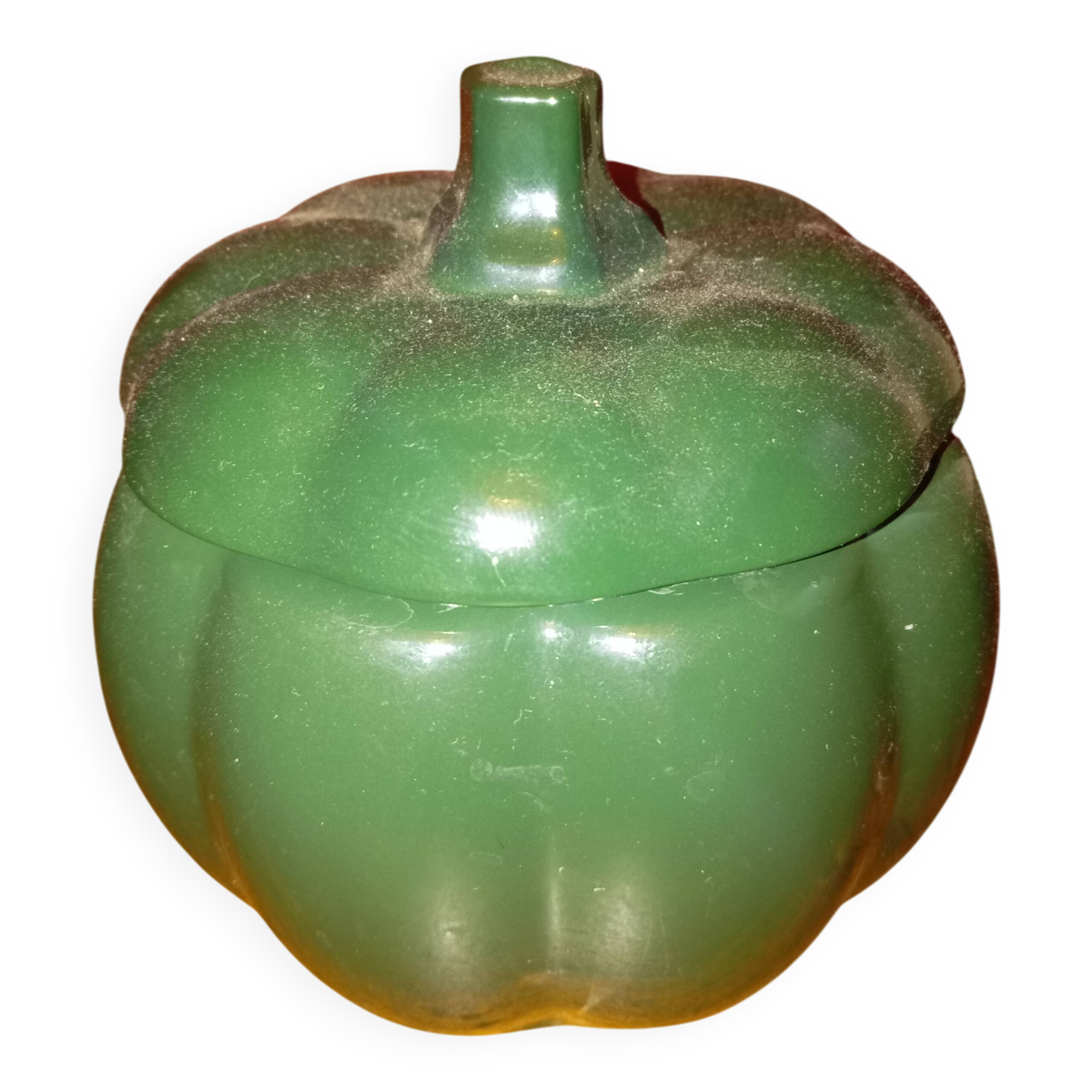 Candy box / glass sugar bowl in the shape of a green pumpkin