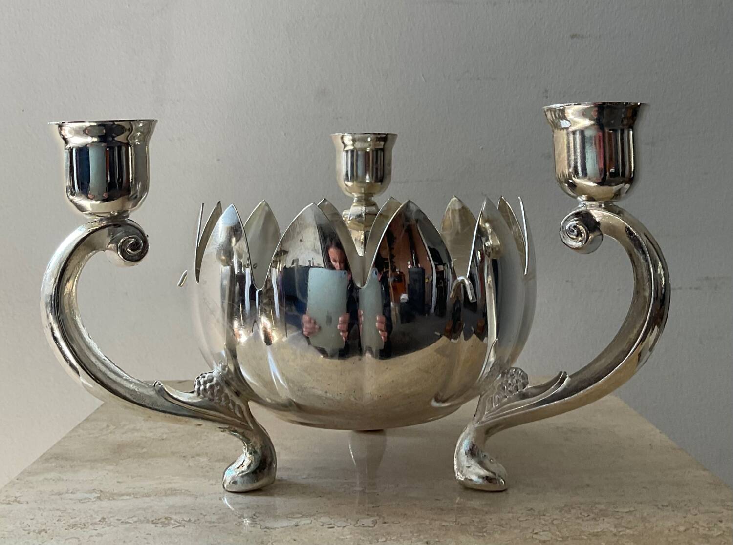 Lotus candle holder vintage spade flowers 3 lights silver metal