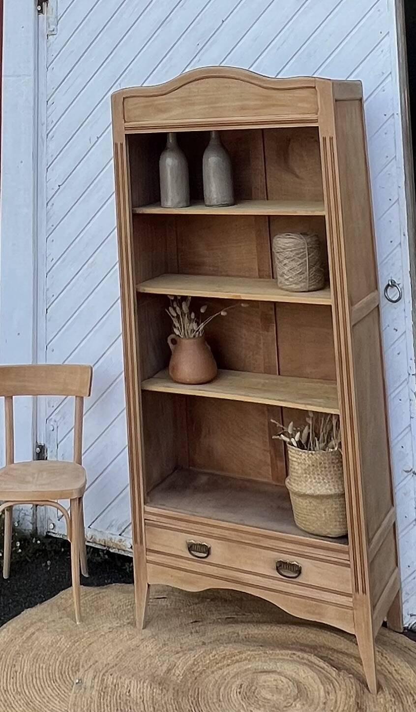 Vintage Parisian bookcase in raw wood - compass legs
