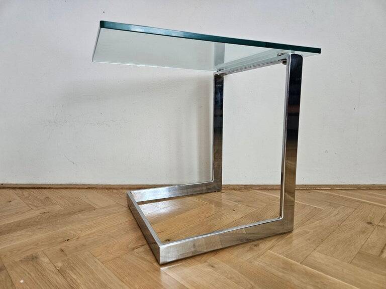 Midcentury Design Cantilevered Glass & Chrome Side Coffee Table, 1980s