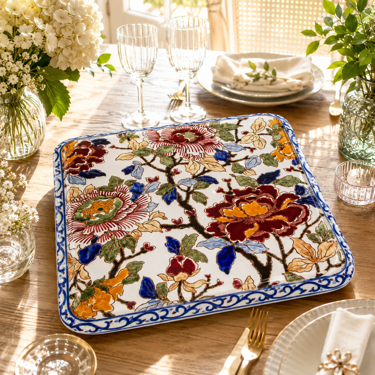 Square plate in Gien earthenware – Polychrome floral decoration
