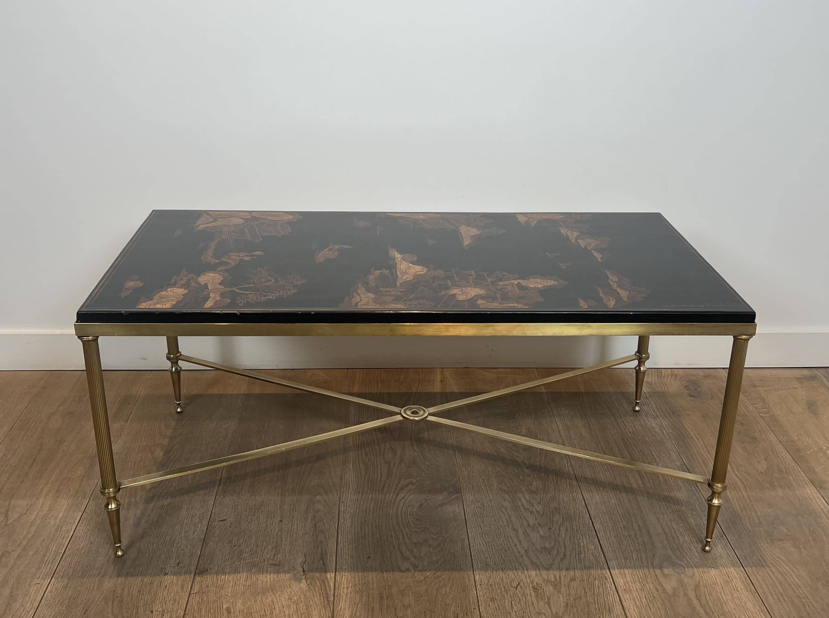 Neoclassical Brass Coffee Table with Lacquered Top Representing