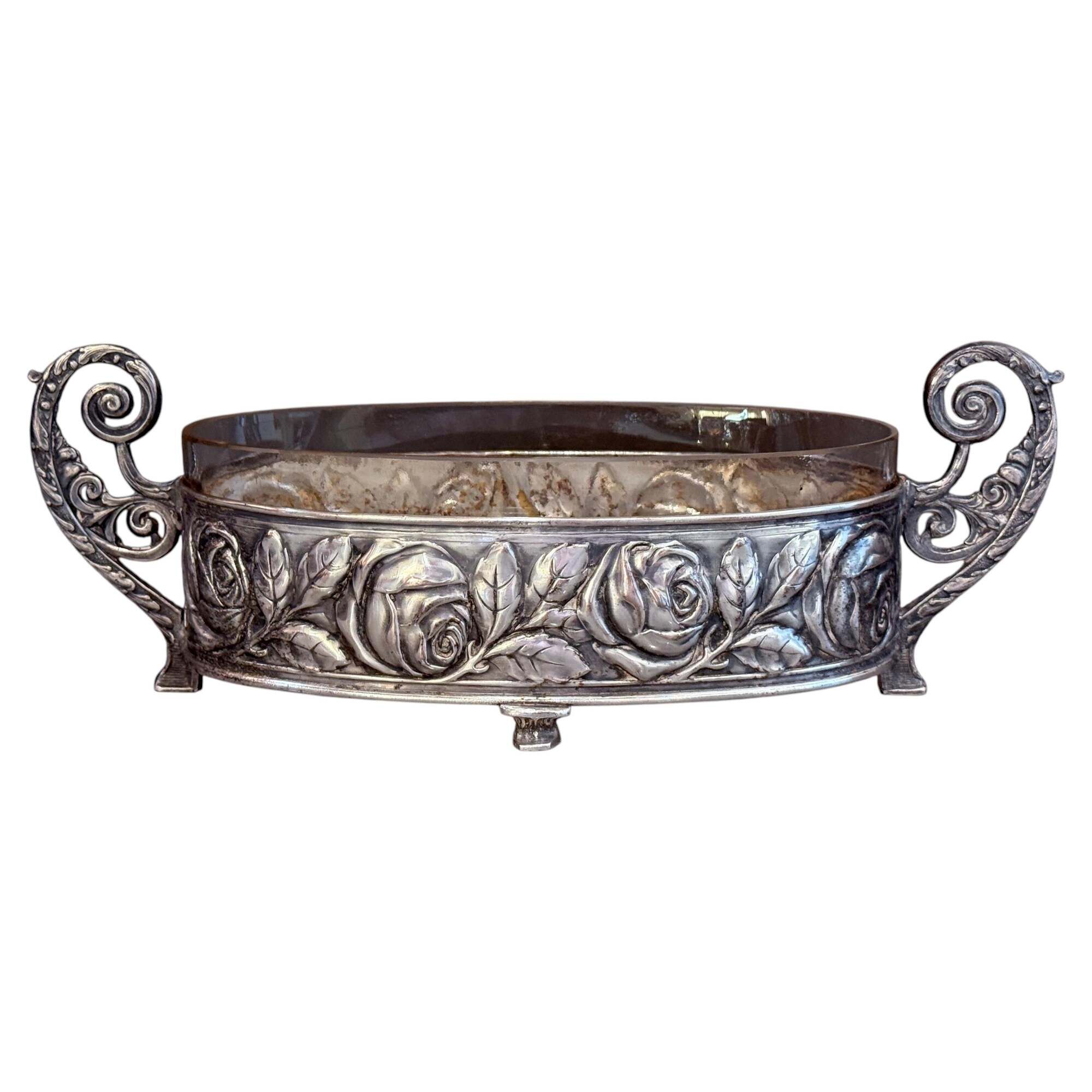Antique Silver Cup Rose Silver & Crystal Jardiniere Decorative Bowl Cup