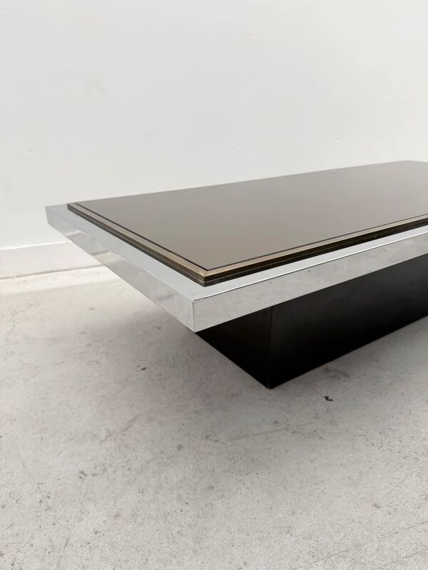 Table basse de Roger Vanhevel pour Belgo Chrome en formica, chrome, miroir et laiton, Belgique 1970