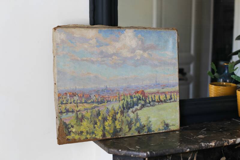 Georges Duvillier landscape "Between town and countryside" oil on canvas signed