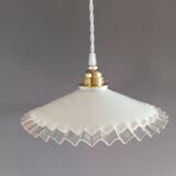 White opaline pendant light with transparent serrated edges, 1930/50