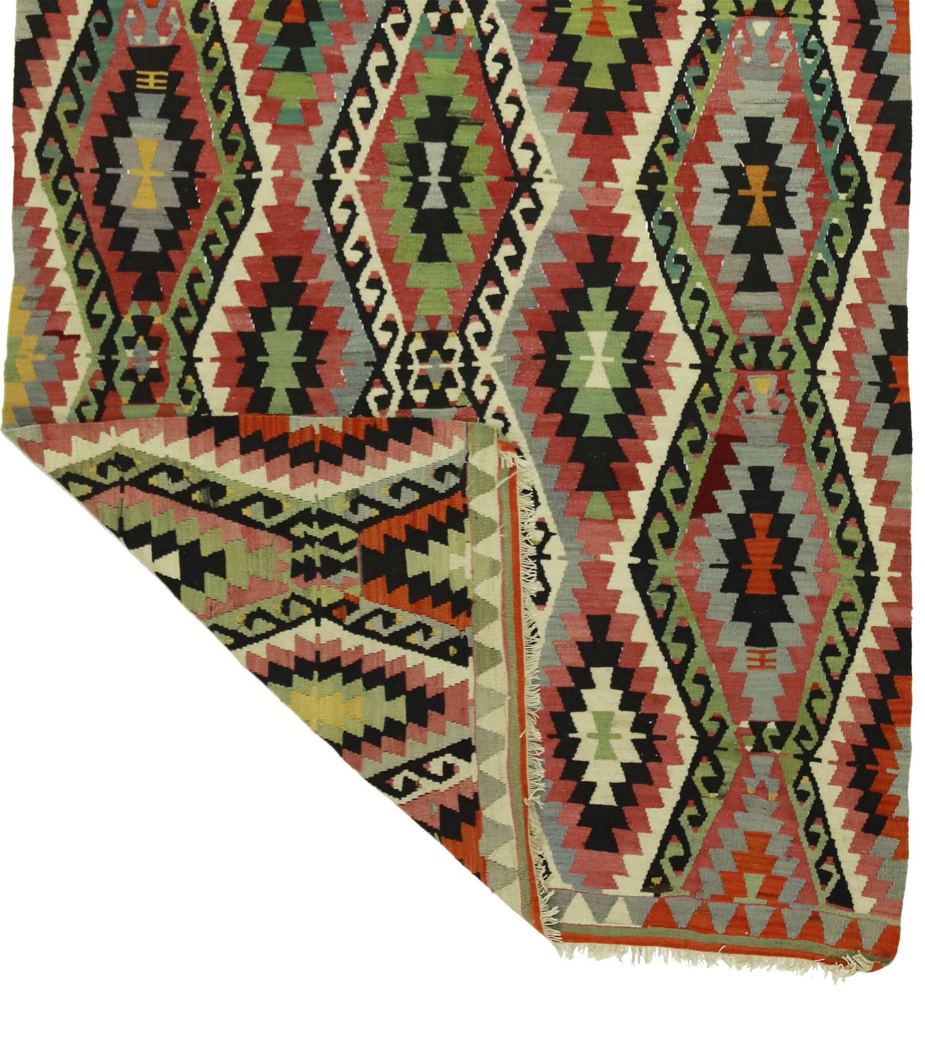 Turkish Kilim Yuruk Vintage 155x293 cm Geometric Red Green Yellow
