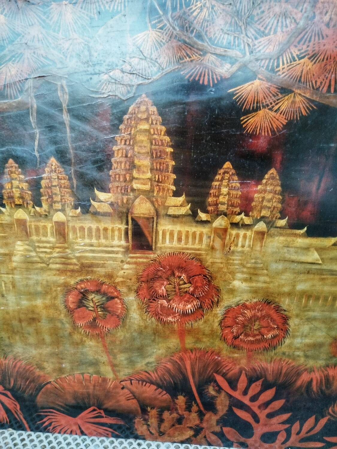 Antique lacquered wooden panel "The Temple of Angkor" 1920