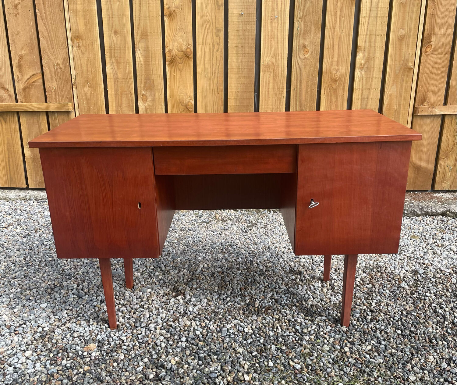 Vintage wooden desk teak veneer sixties conical legs 1 drawer