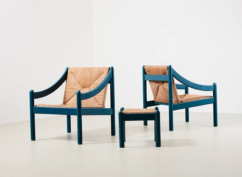Vico Magistretti Pair of Carimate Lounge Chairs + Stool for Cassina Italy 1960s