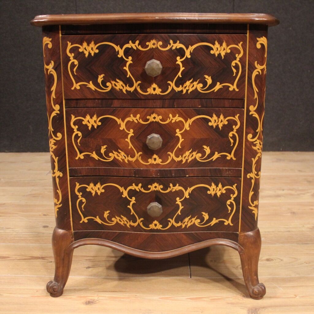 Pair of Italian inlaid bedside tables in walnut, maple and beech