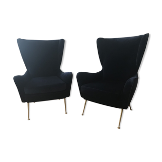 Paire de fauteuils a oreilles velours bleu nuit , 1950