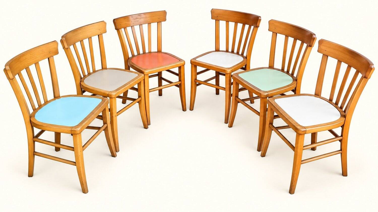 6 vintage bistro chairs from the 1950s, beech wood, repainted mismatched seats.