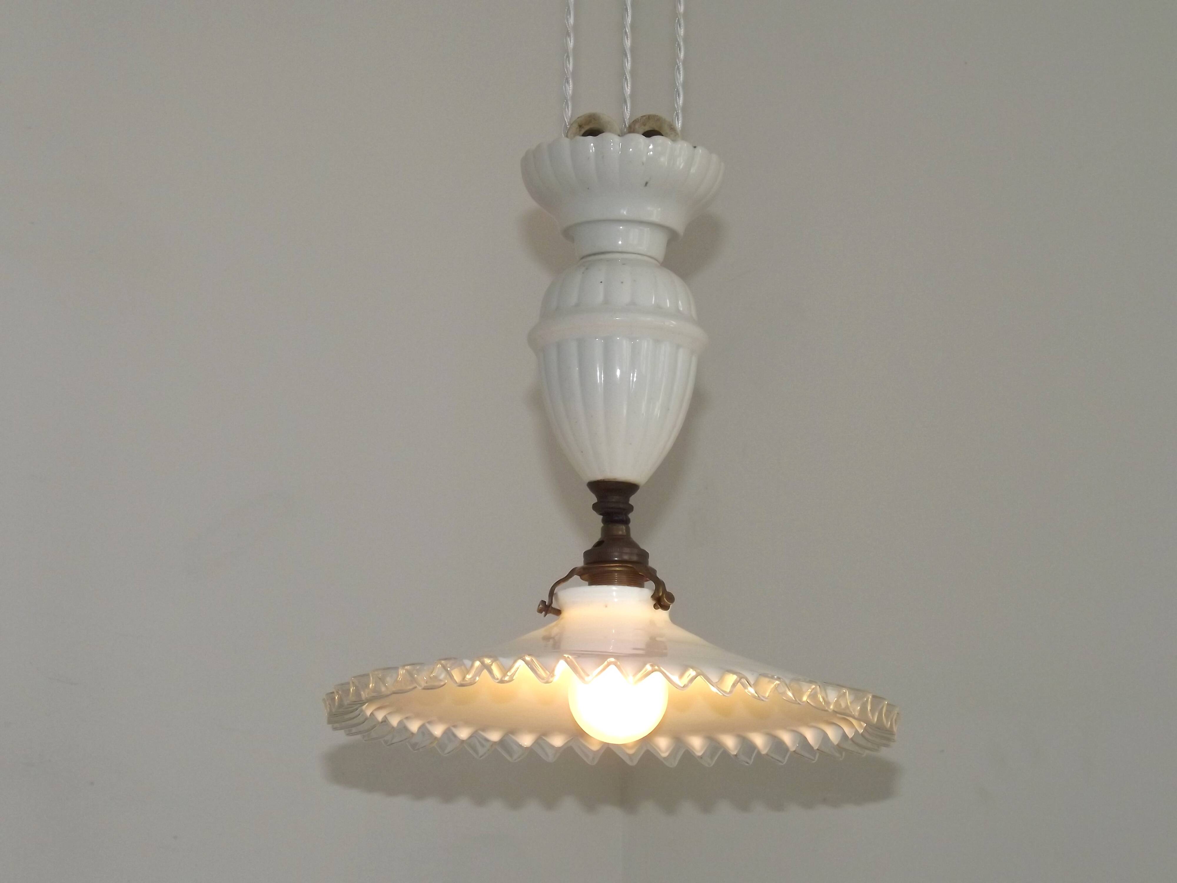 French Counter Balance Ceiling Light White Porcelain & Opaline Glass Shade