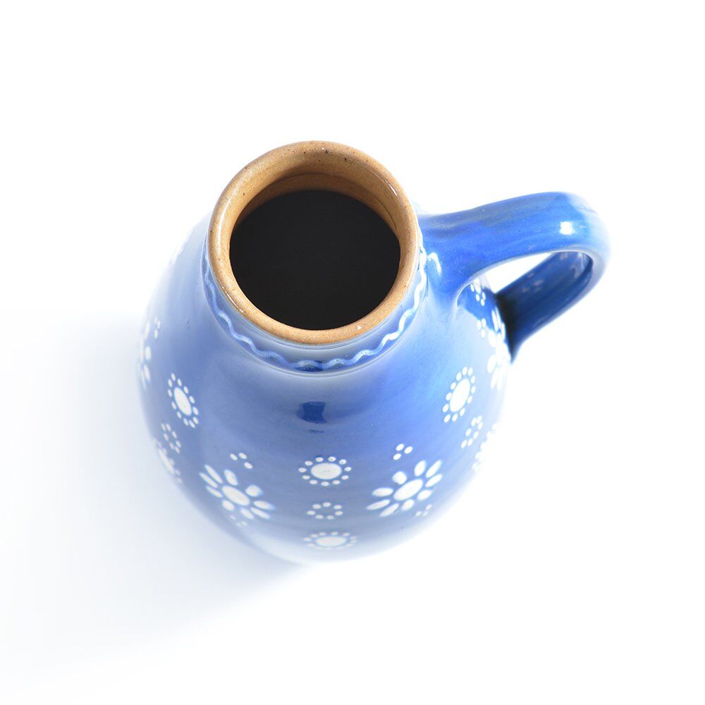 Blue handmade ceramic jug or vase Slovakian Folk Art, circa 1950