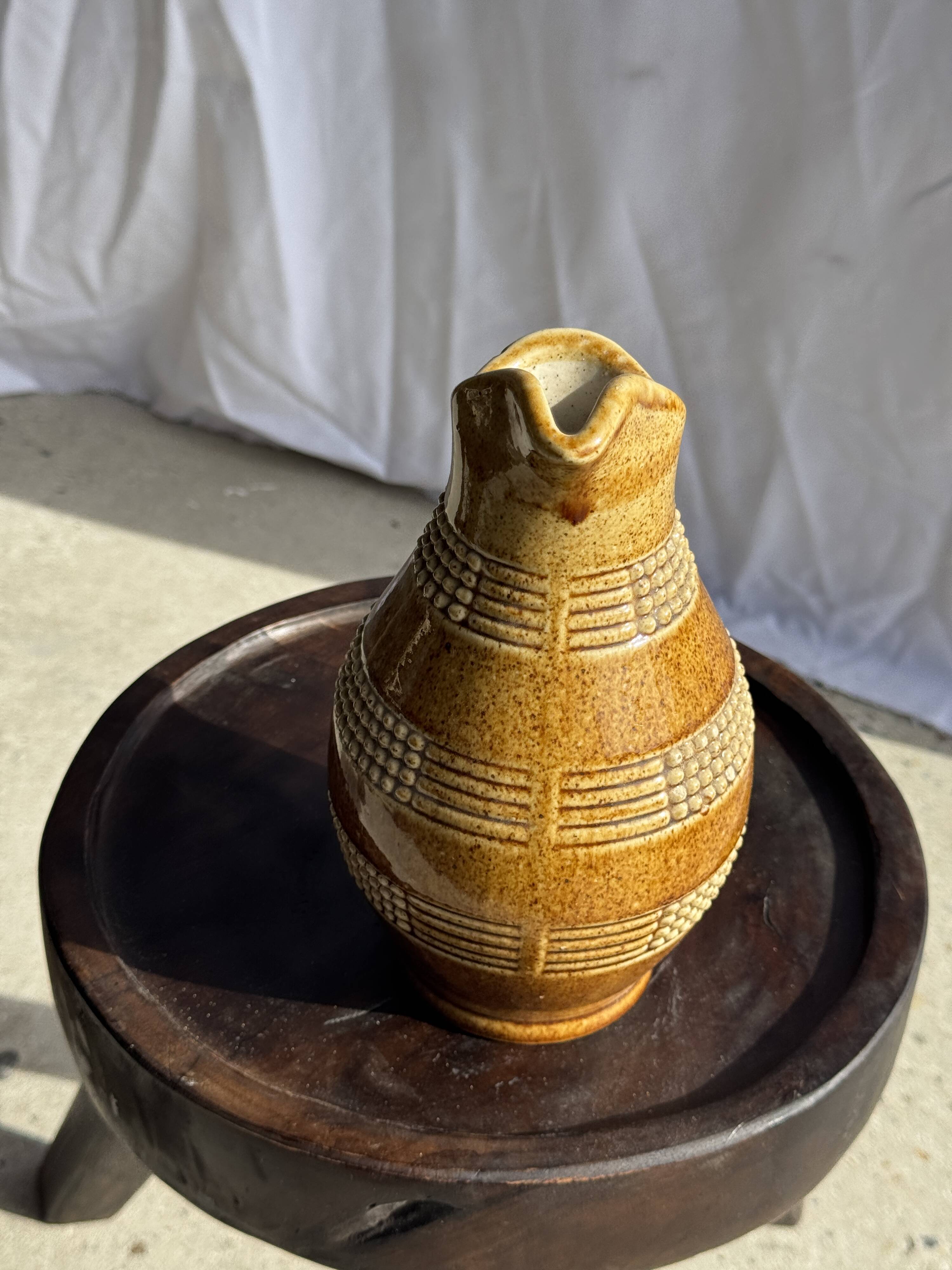 Vintage yellow stoneware carafe with beaded friezes Made in France H22