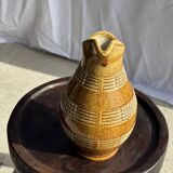 Vintage yellow stoneware carafe with beaded friezes Made in France H22