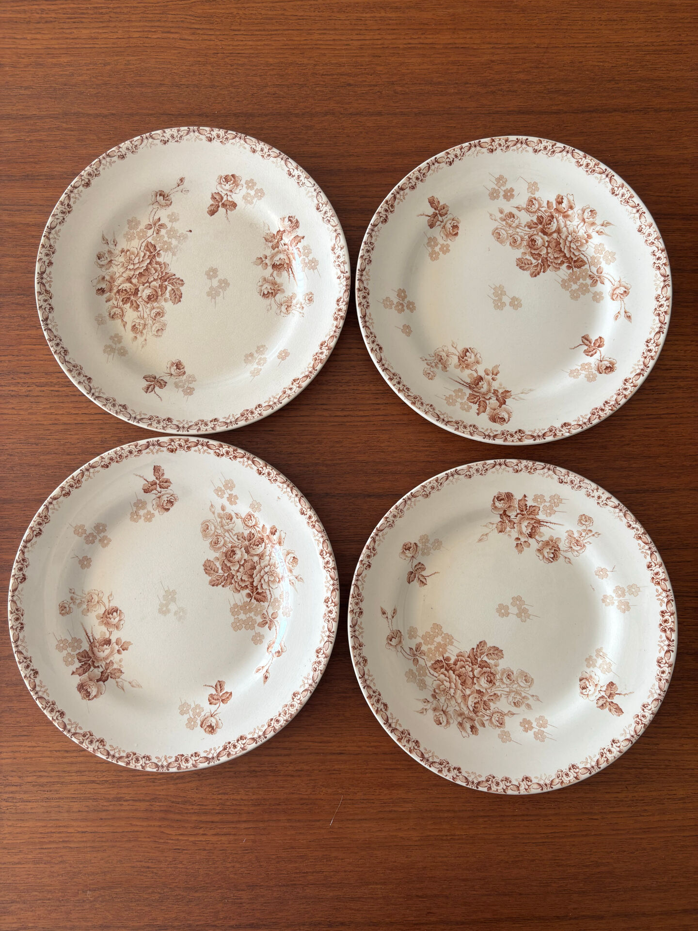 4 antique flat plates from Hte Boulenger et Cie in sepia ironstone, Lucie model.