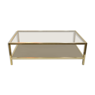 Table basse rectangulaire, métal doré, 2 plateaux: verre fumé et miroir, vintage 1970