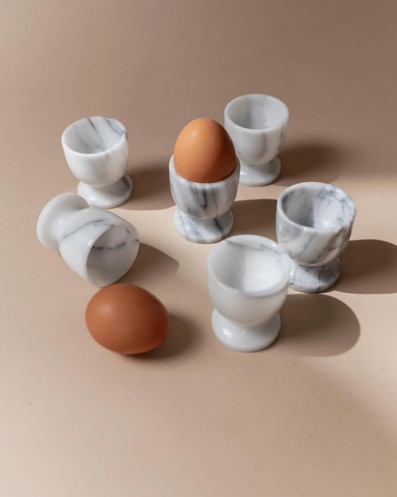 Vintage Marble Egg Cups Set of 6 in Grey and White Marble – Handcarved, Mid-Century Italy Tableware