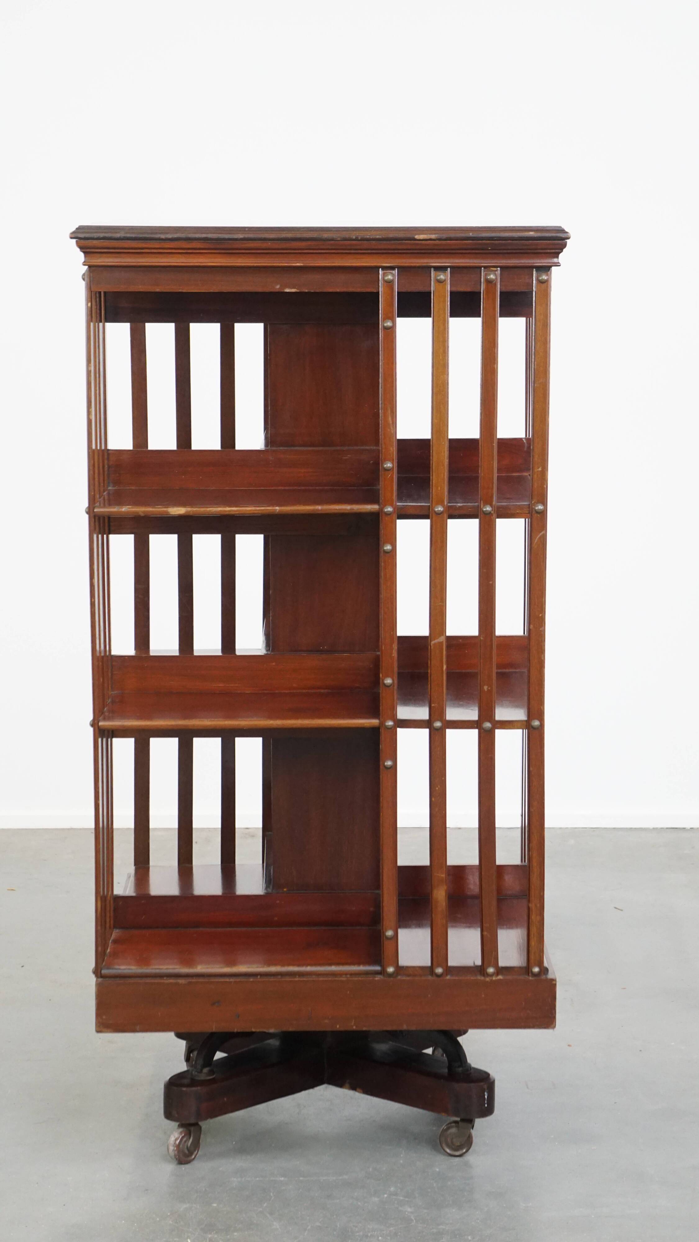 Large Antique Wooden English Book Carousel with Cast Iron Base