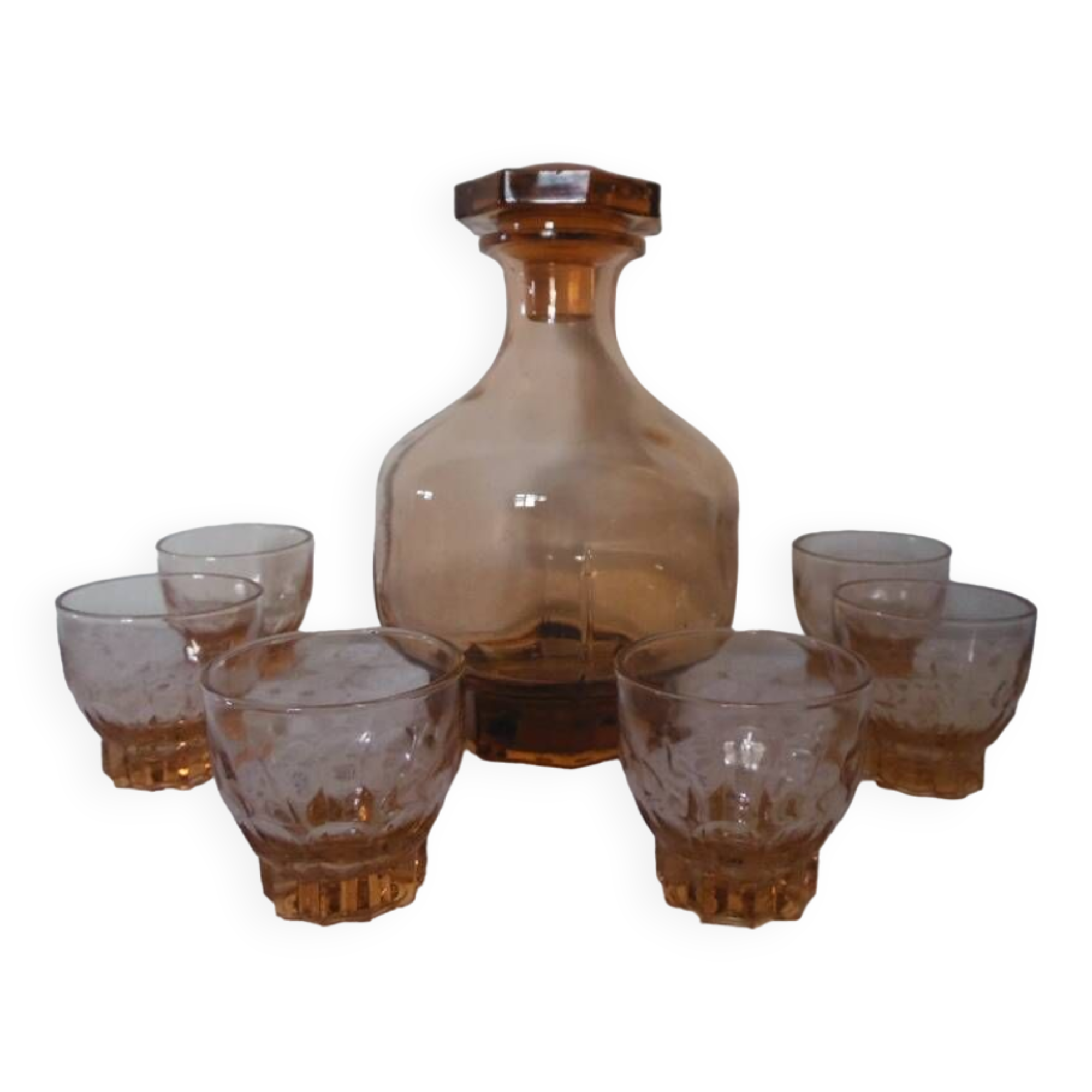 Pink glass liqueur carafe and 6 matching glasses