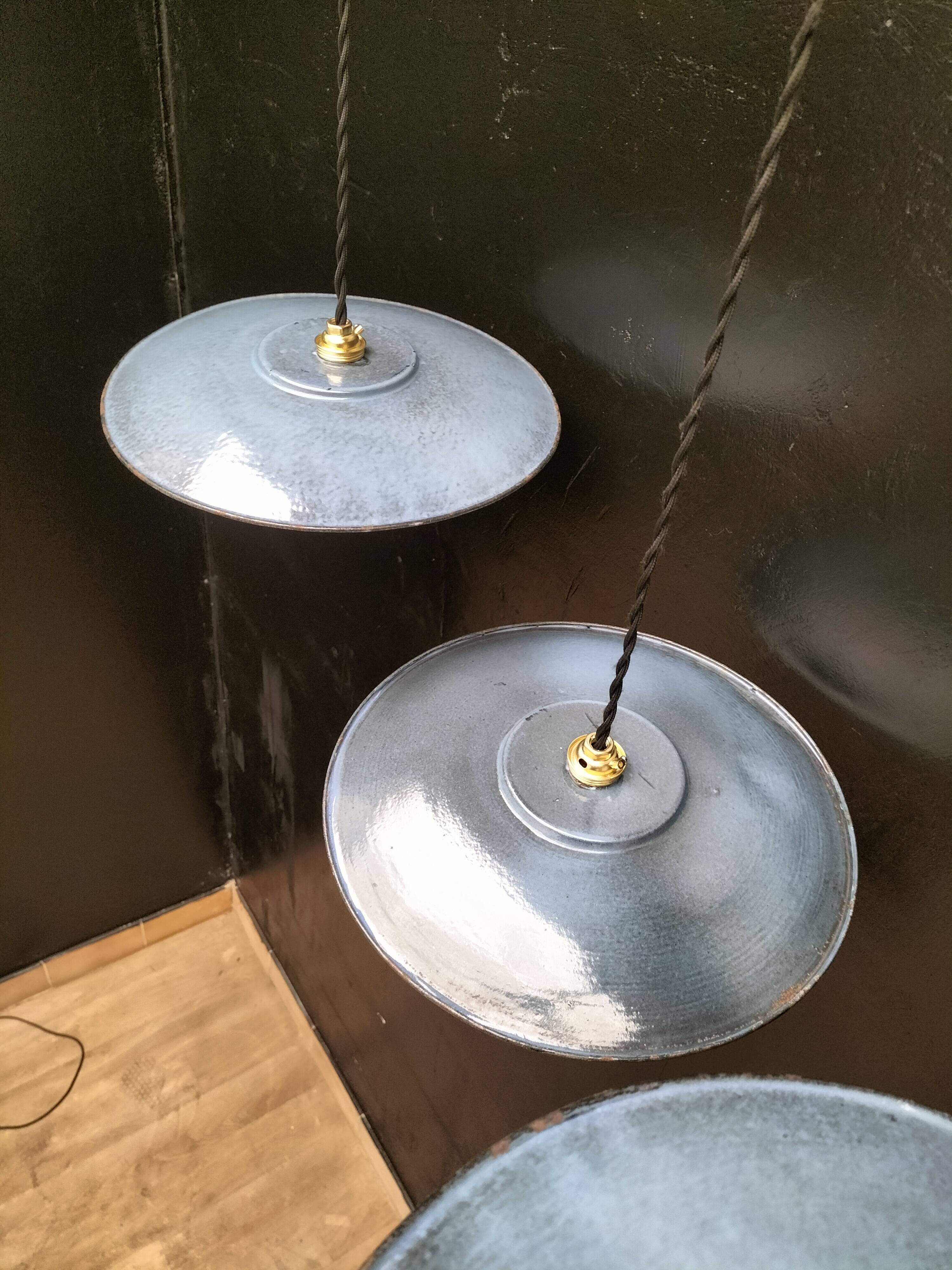 3 blue enameled sheet metal pendant lights