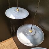 3 blue enameled sheet metal pendant lights
