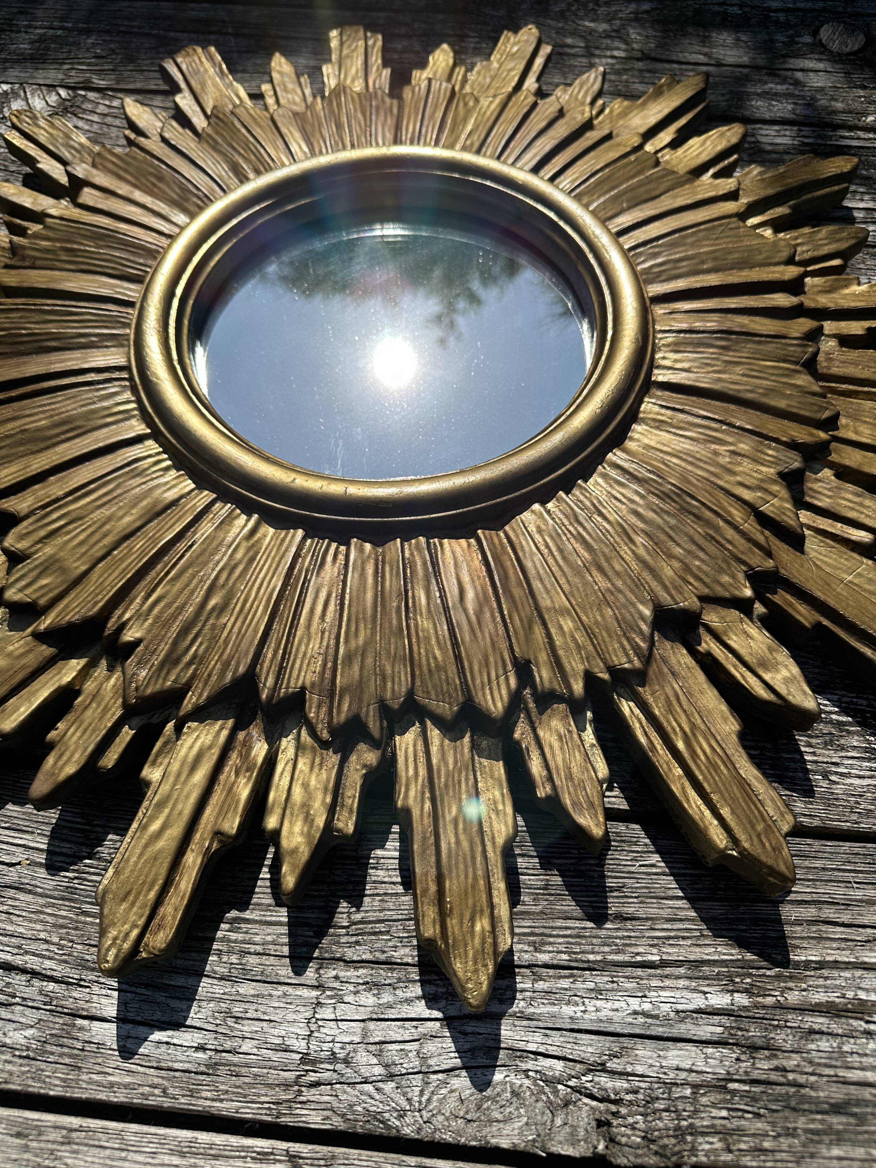 Vintage sun mirror 1960 in patinated golden balsa