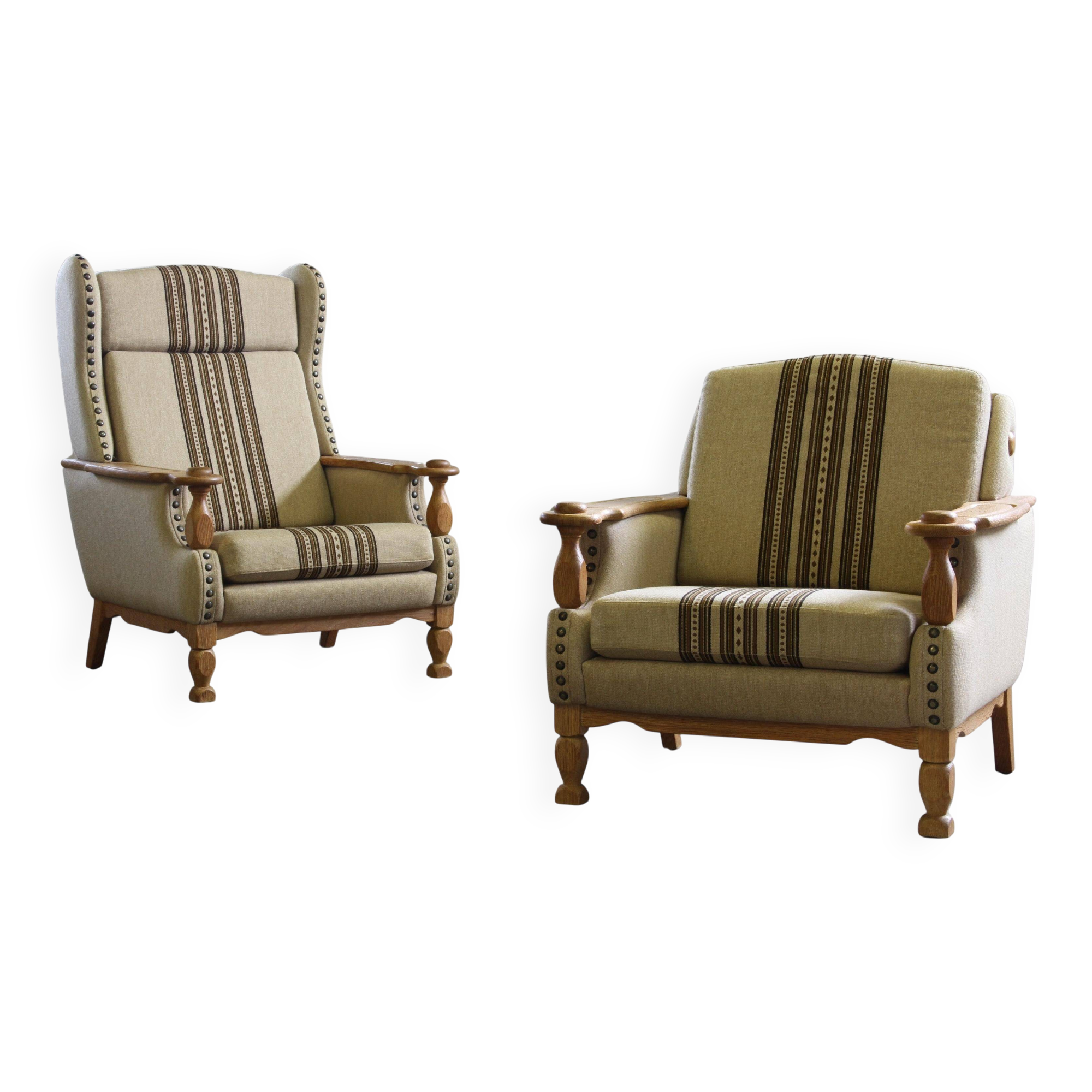 Vintage 1960s set of low & high back lounge chair oak, style of Henning Kjærnulf