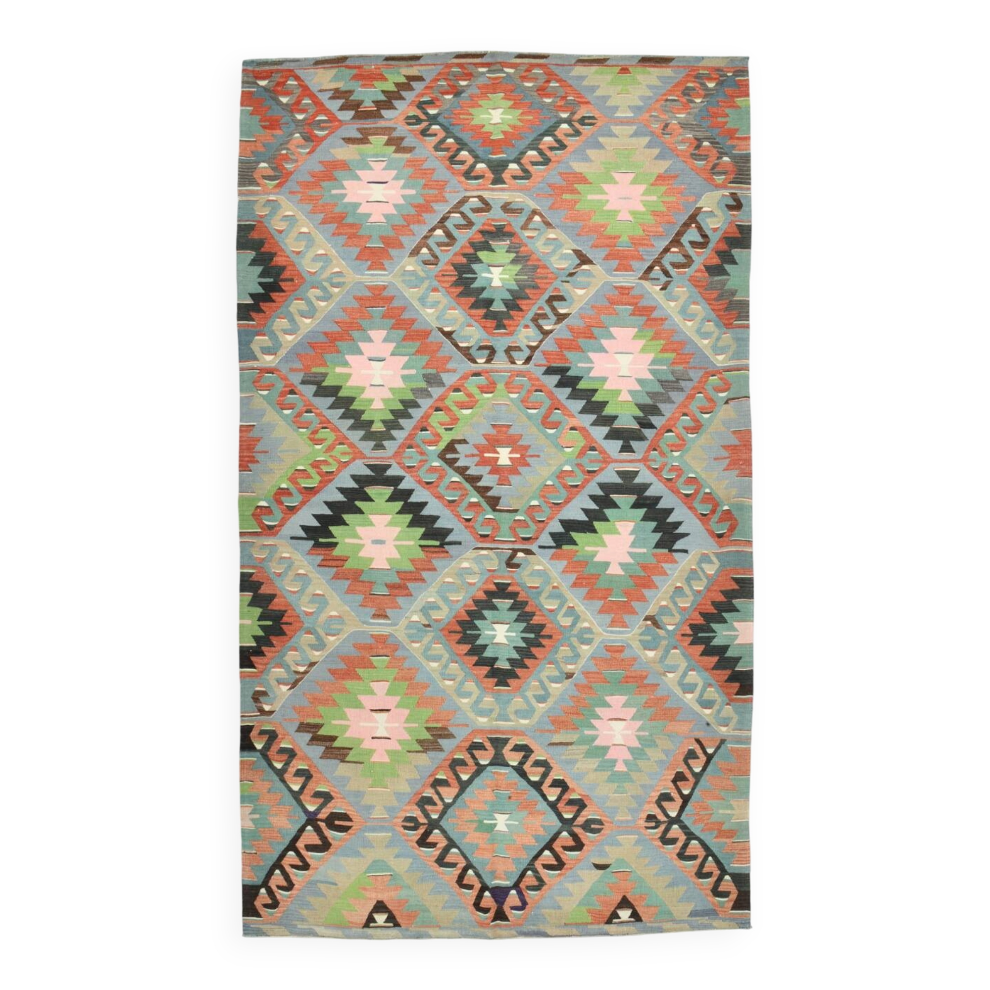 6x10 Light Blue & Green Goemetric Kilim Rug, Handmade Wool Bedroom Carpet