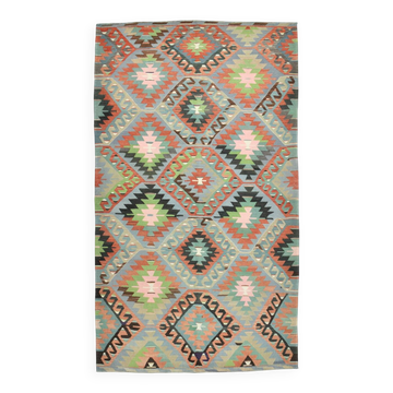 6x10 Light Blue & Green Goemetric Kilim Rug, Handmade Wool Bedroom Carpet