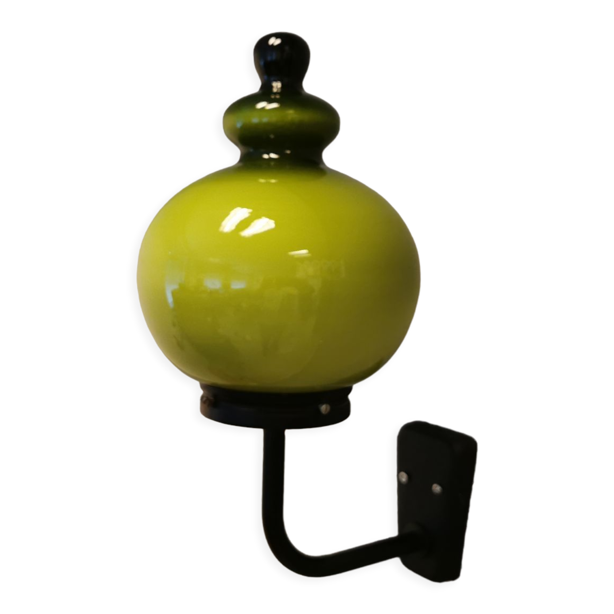 Wall light, made in black metal frame with olive green glass shade