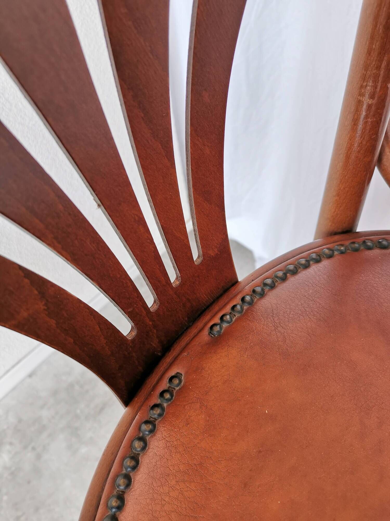 Set of 4 Vintage Bentwood Bar Stools, Brown Leather Seat, Nailhead Trim