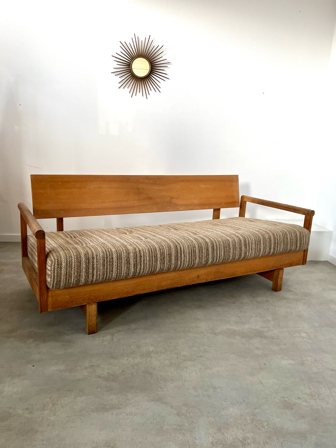 Old wooden sofa vintage brutalist design 60s