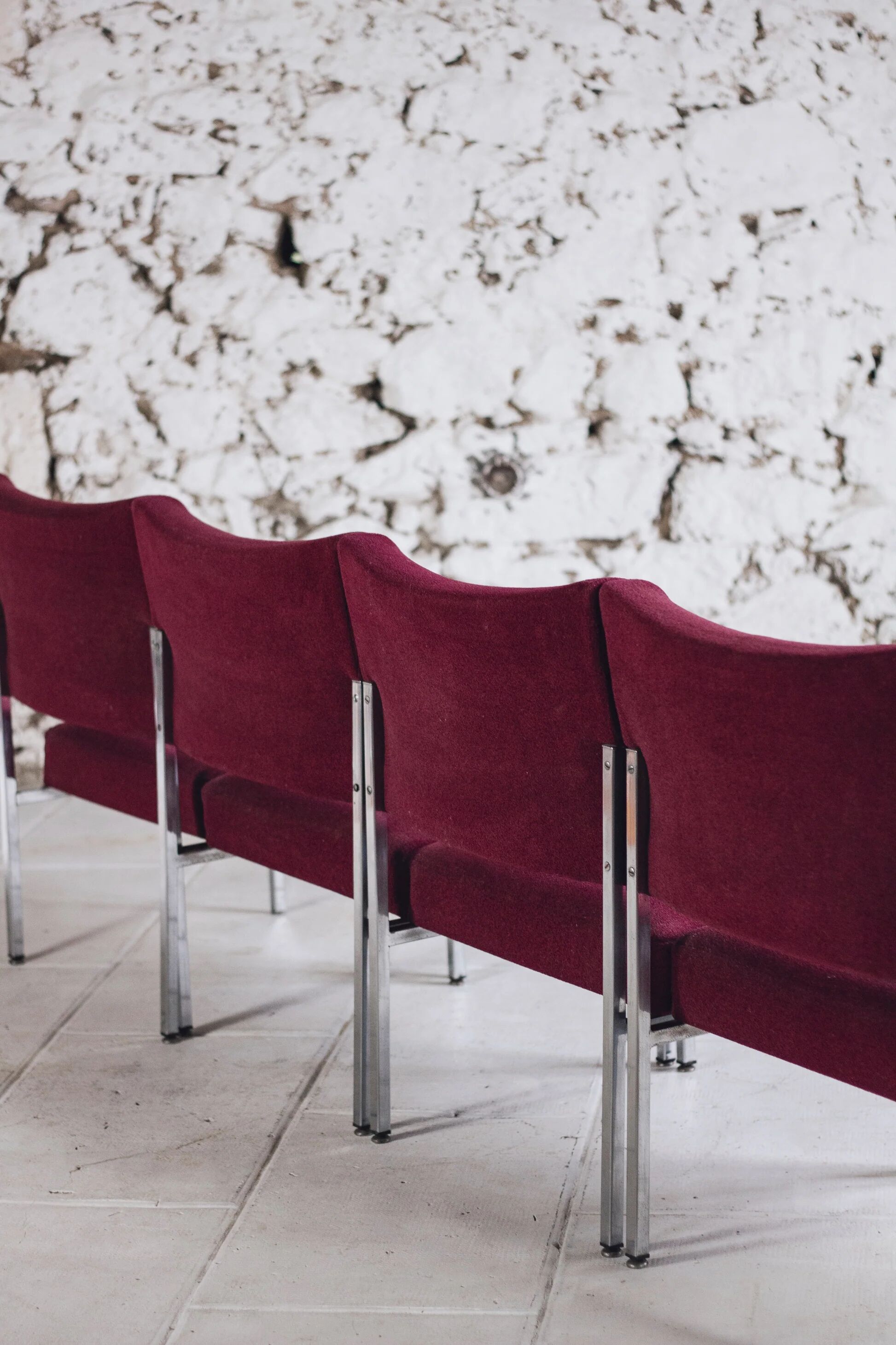 Set of 4 modernist burgundy armchairs, 1970.