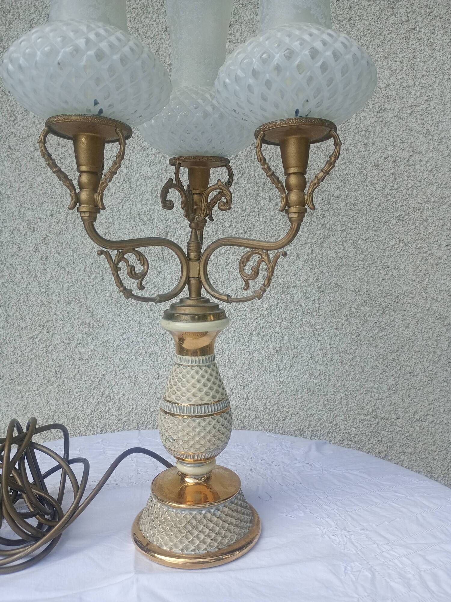 Florentine Italy ceramics - 3 arms of golden metal light - glass tulip