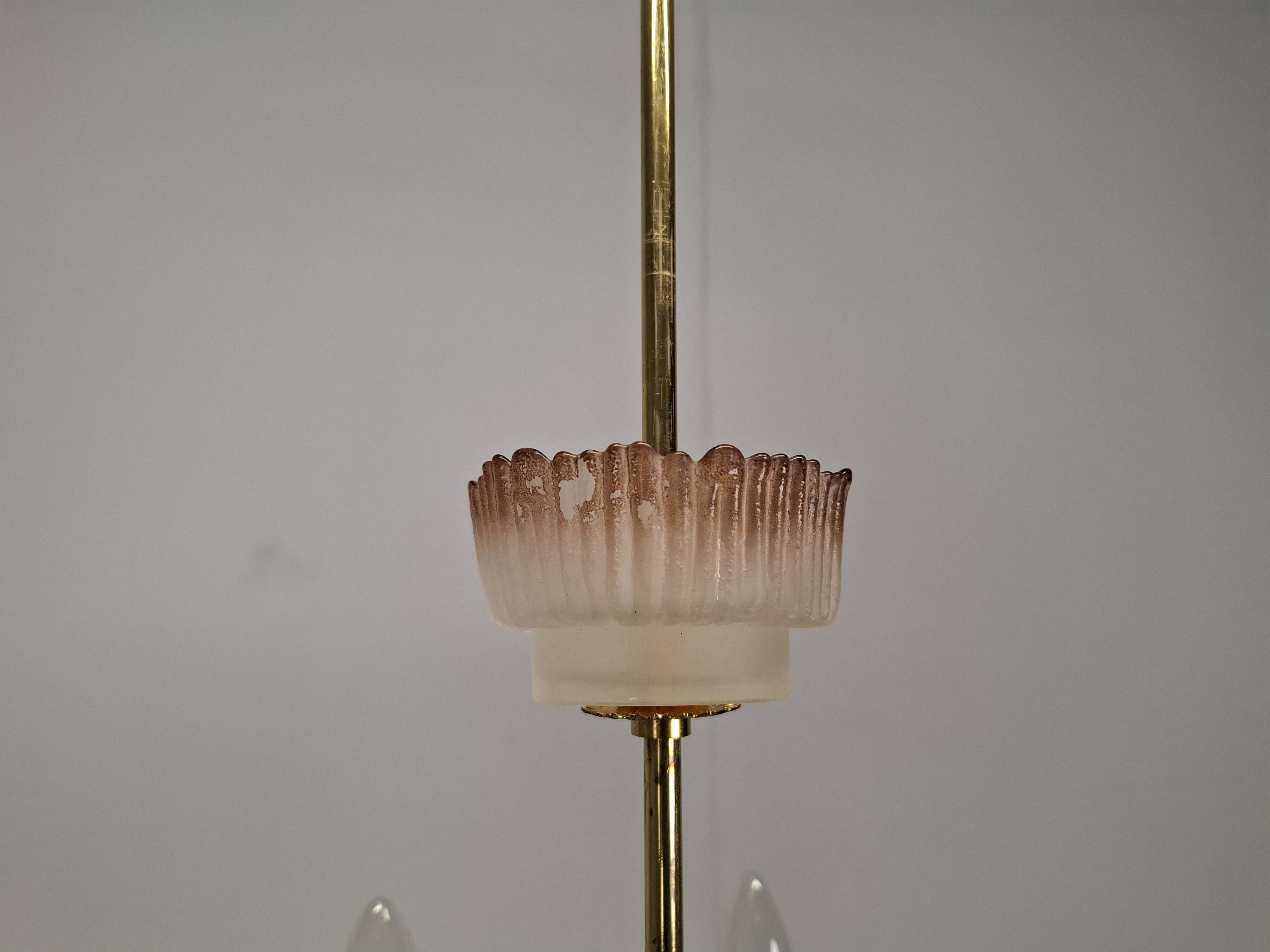 1960s Czech Mid-Century Brass and Železný Brod Frosted Glass Six-Arm Chandelier