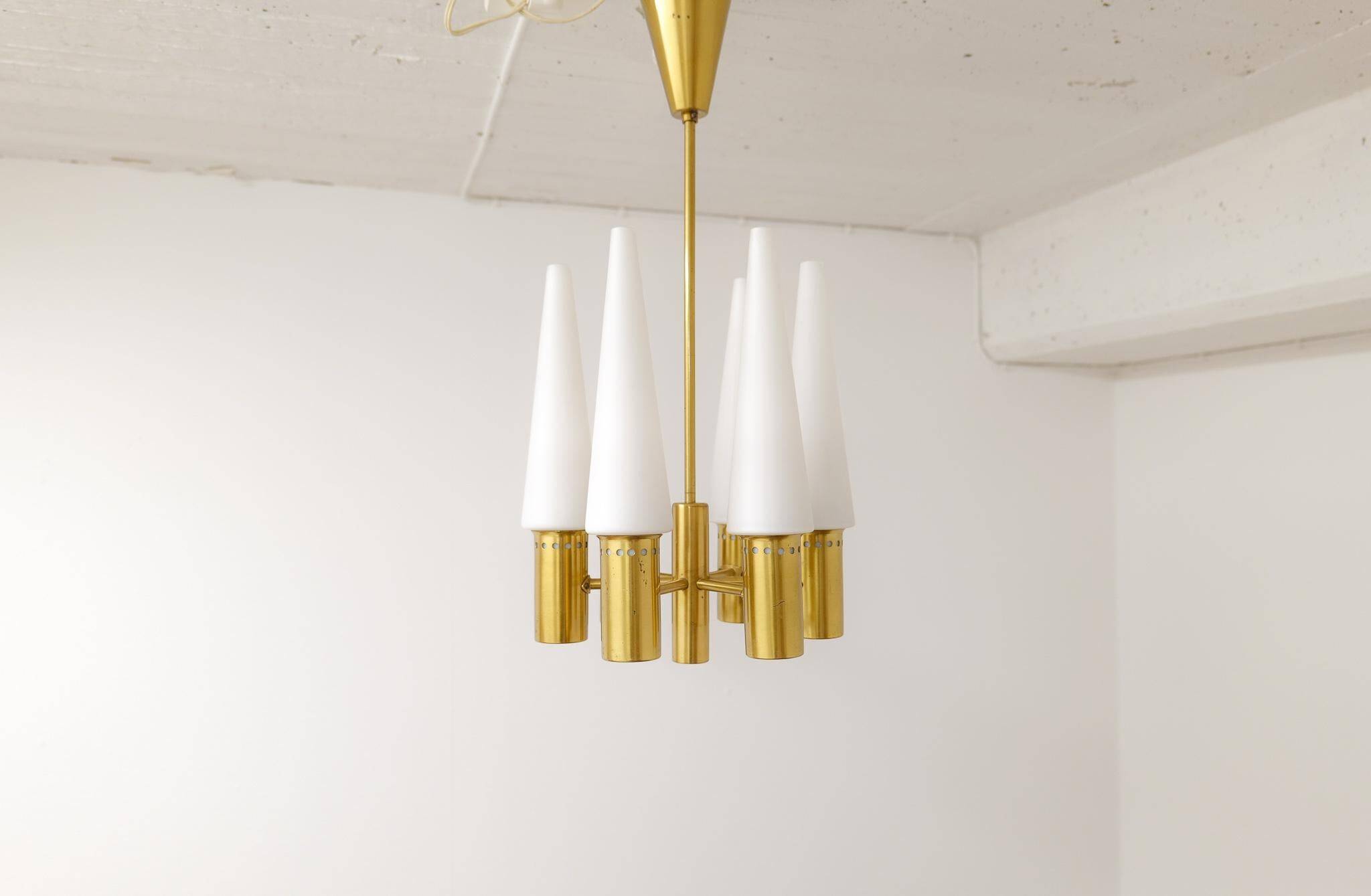 Midcentury brass and opaline ceiling lamp by Hans-Agne Jakobsson, Sweden, 1950s.