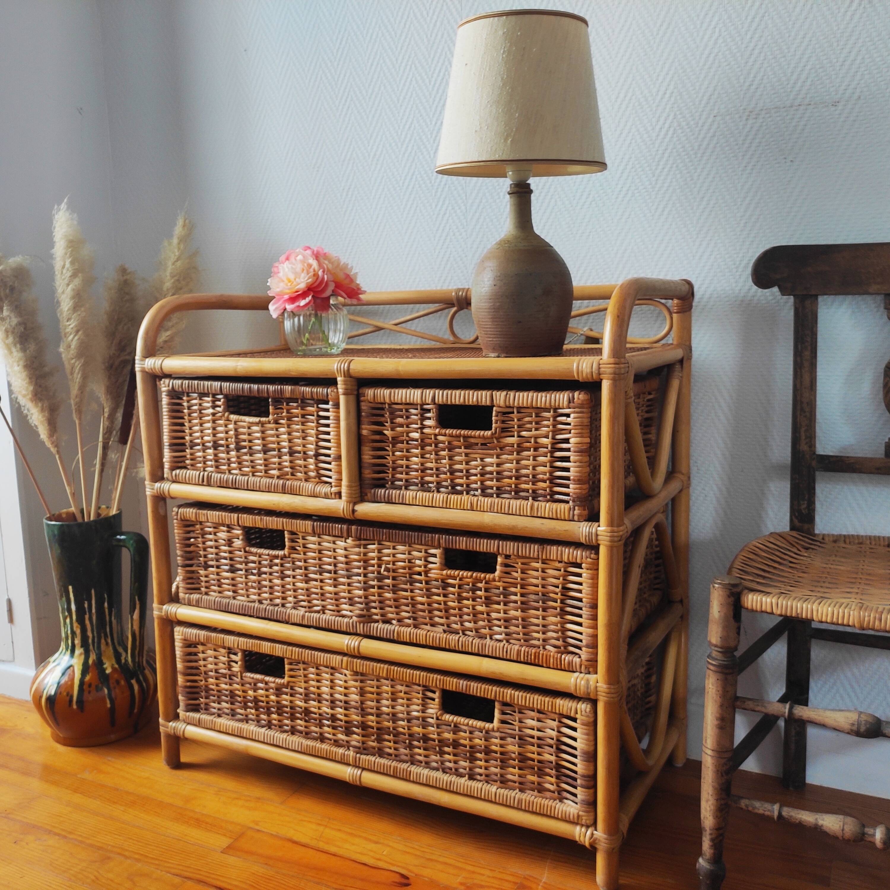 Commode vintage en rotin clair
