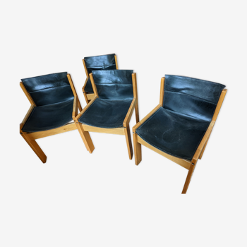 4 Ibisco wood and leather chairs