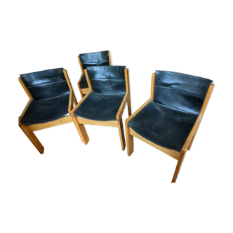 4 Ibisco wood and leather chairs