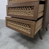 Oak and rattan compass leg chiffonier from the 50s-60s