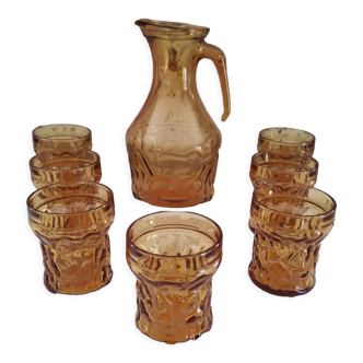 Vintage Italian orangeade or lemonade service 8 pieces 7 people textured amber glass