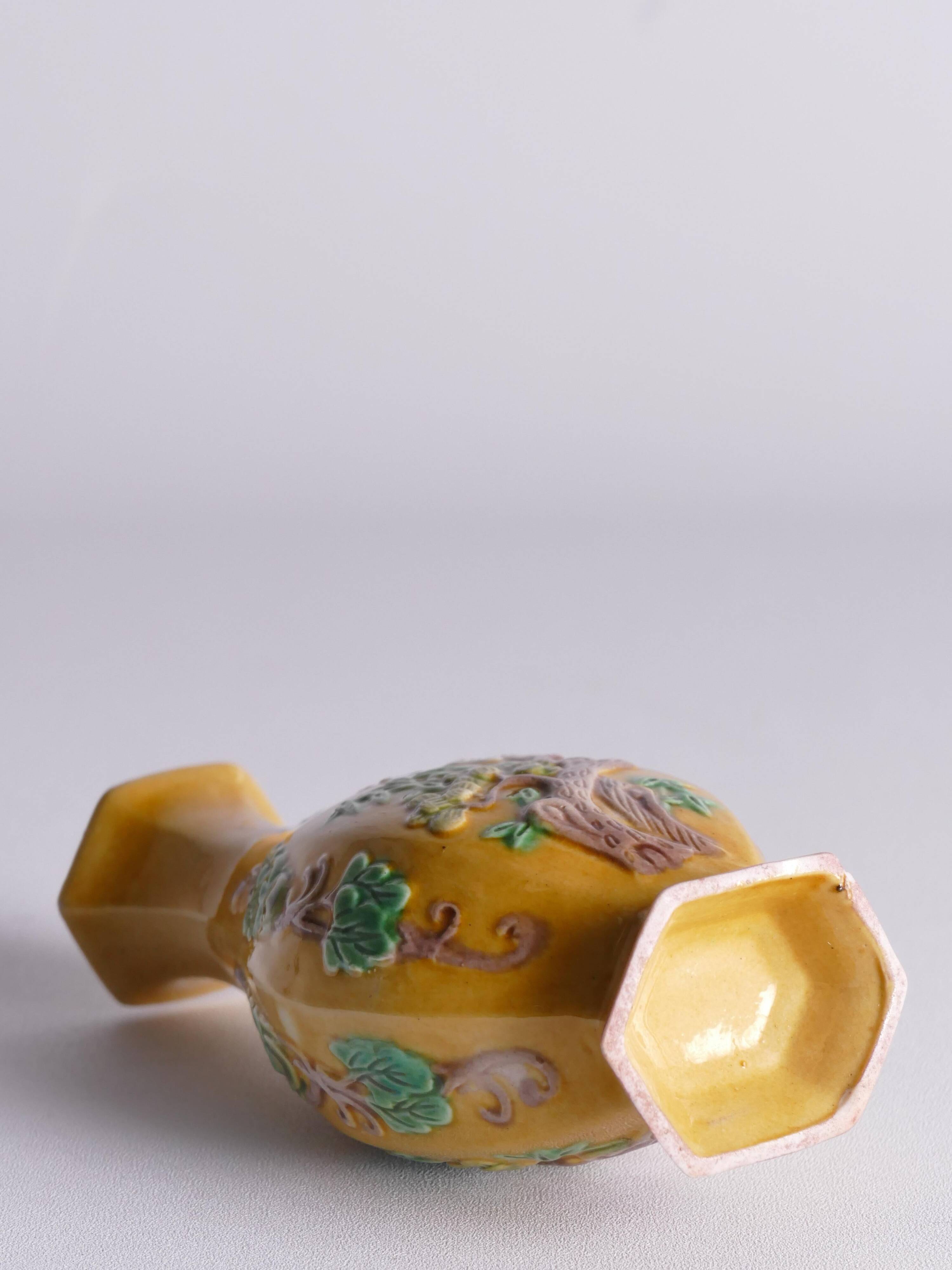 Chinese Yellow Glazed Hexagonal Relief Porcelain Vase with Prunus Motif