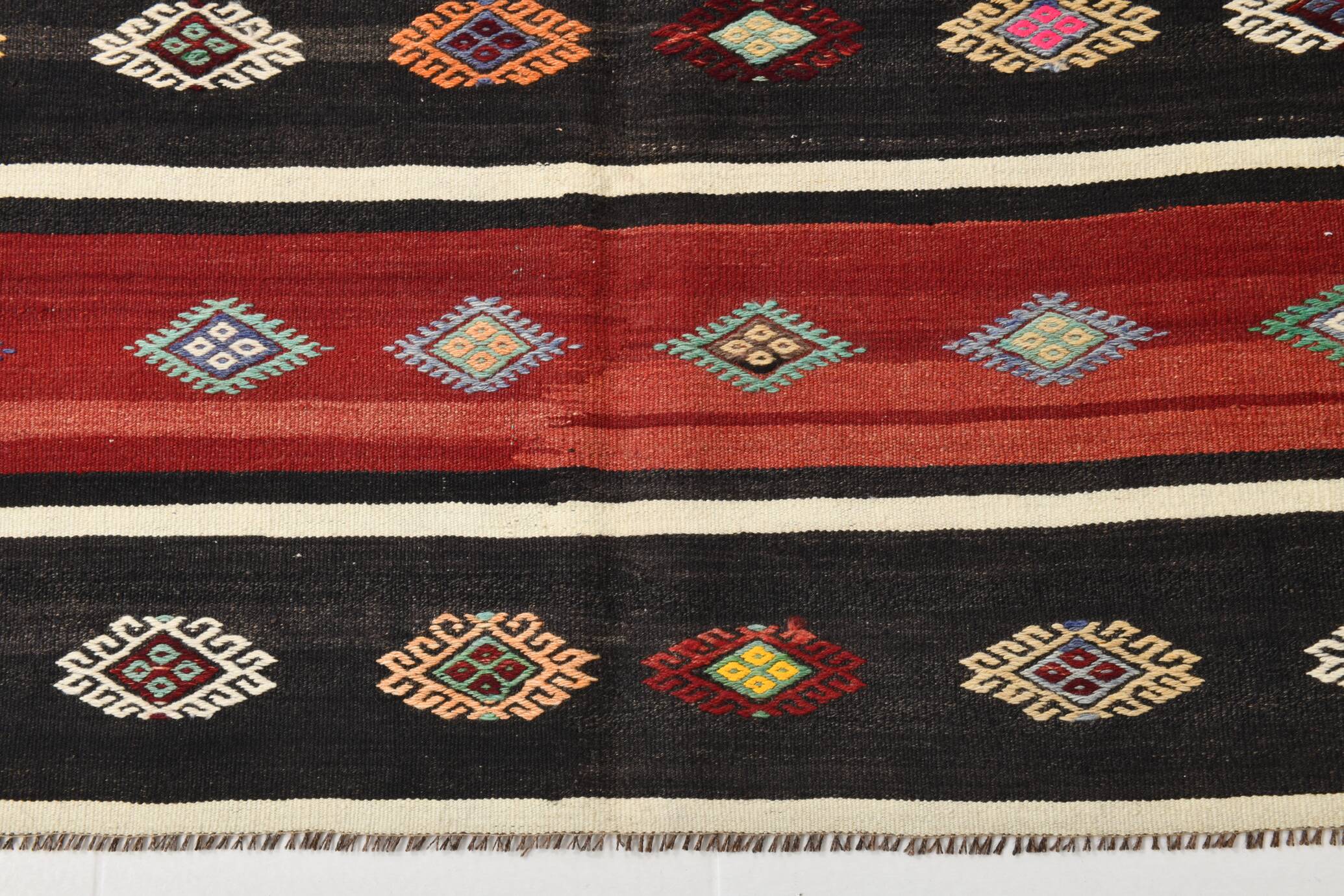Turkish Red & Black Striped Vintage Kilim Rug, 168x228Cm