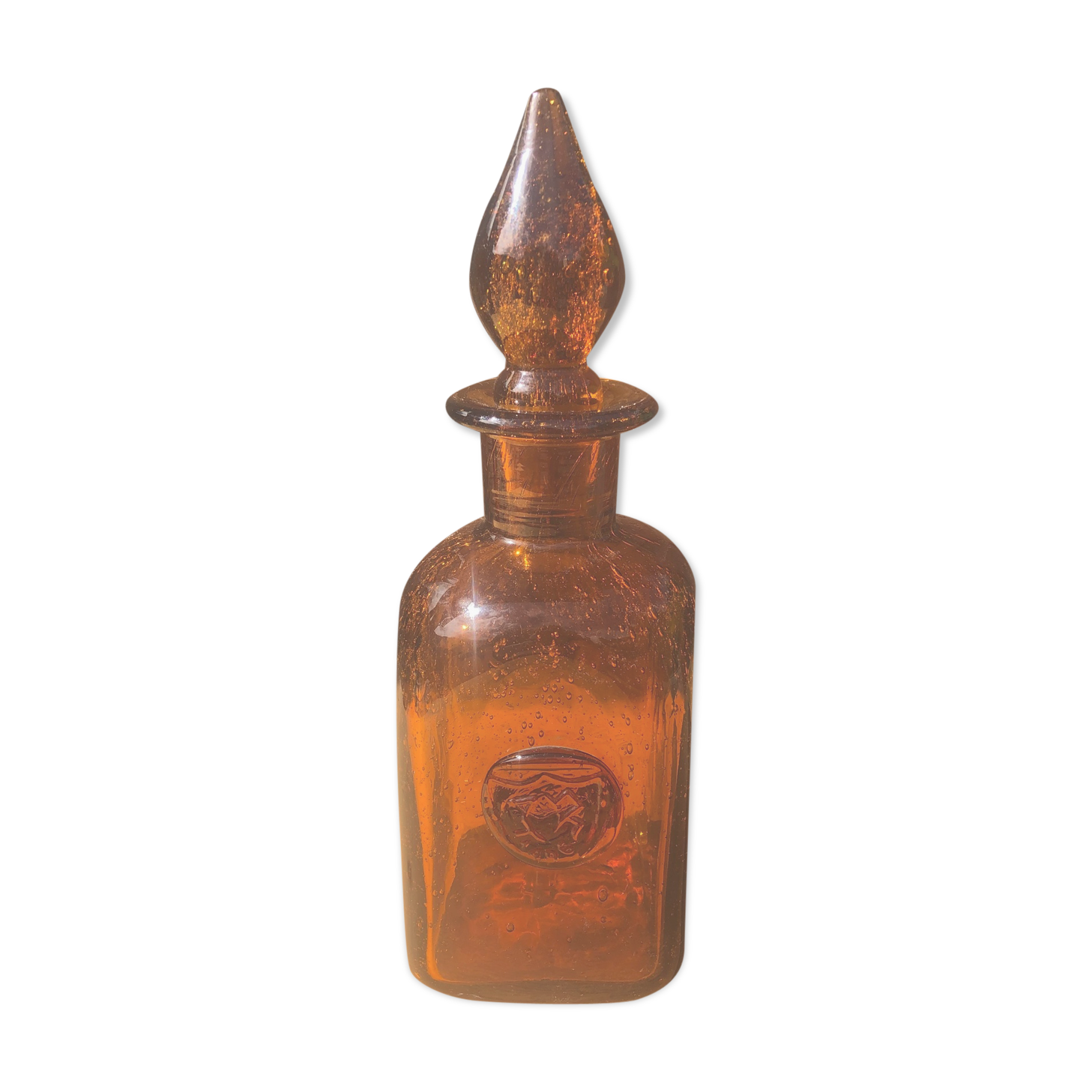 Old carafe in amber and bulled Biot glass, stamp 1496.