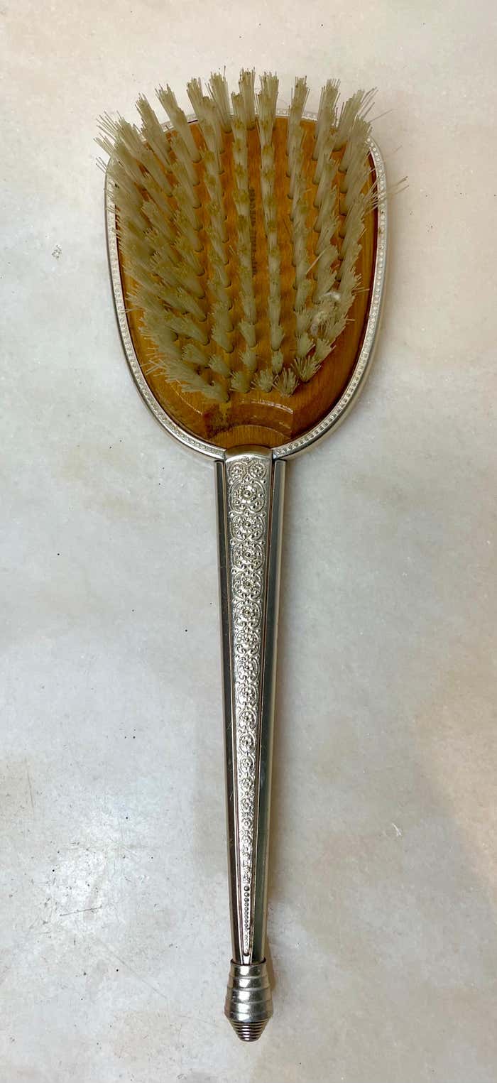 Toiletry set - metal and silk brush and hand mirror England from the 50s